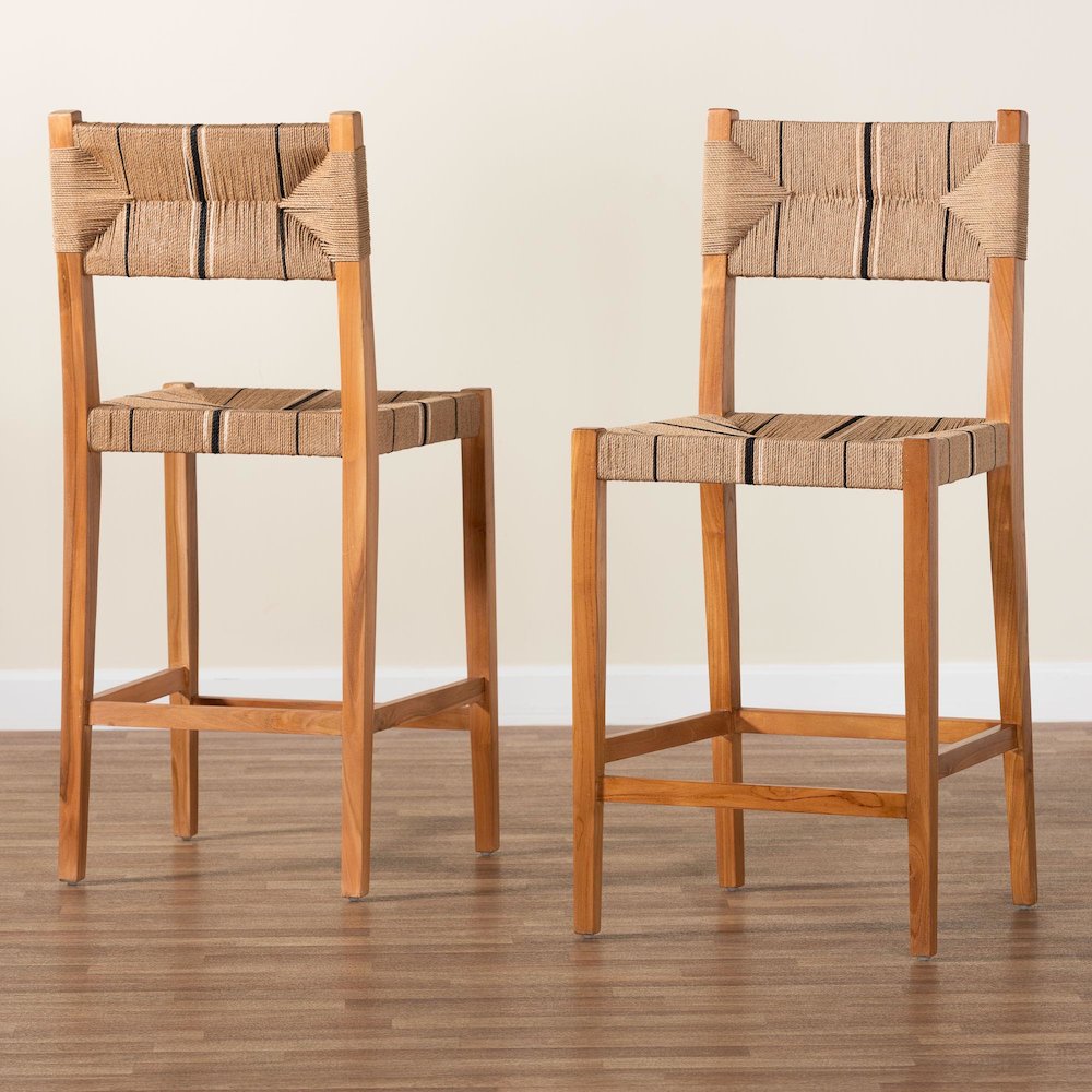 Prita Bohemian Paper Loom and Natural Mahogany Wood 2-Piece Bar Stool Set. Picture 8
