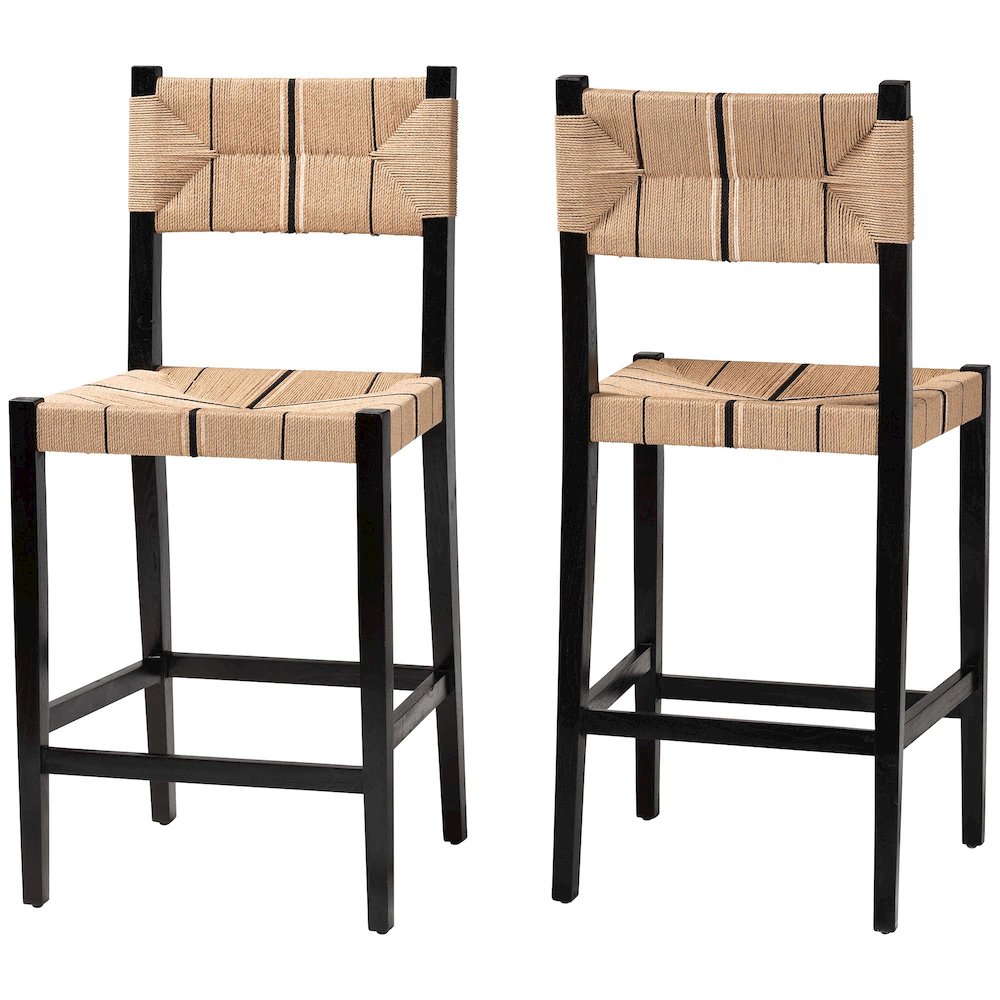 Prita Bohemian Paper Loom and Black Mahogany Wood 2-Piece Bar Stool Set. Picture 1
