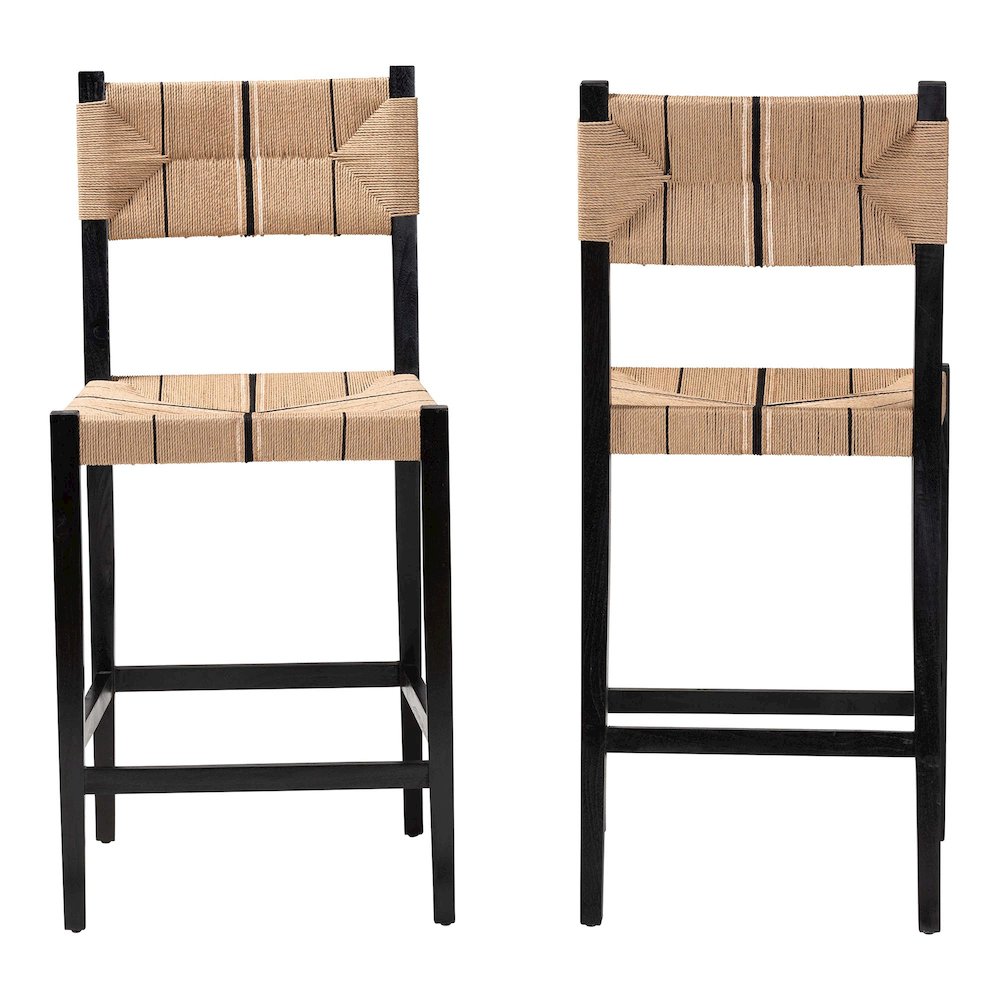 Prita Bohemian Paper Loom and Black Mahogany Wood 2-Piece Bar Stool Set. Picture 2