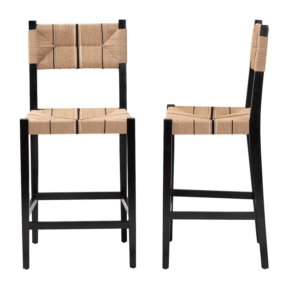 Prita Bohemian Paper Loom and Black Mahogany Wood 2-Piece Bar Stool Set. Picture 3