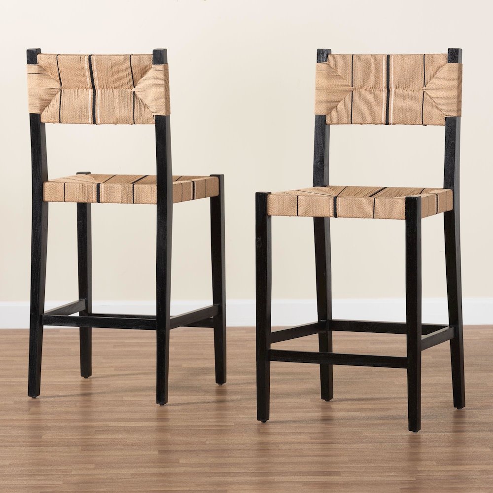 Prita Bohemian Paper Loom and Black Mahogany Wood 2-Piece Bar Stool Set. Picture 8