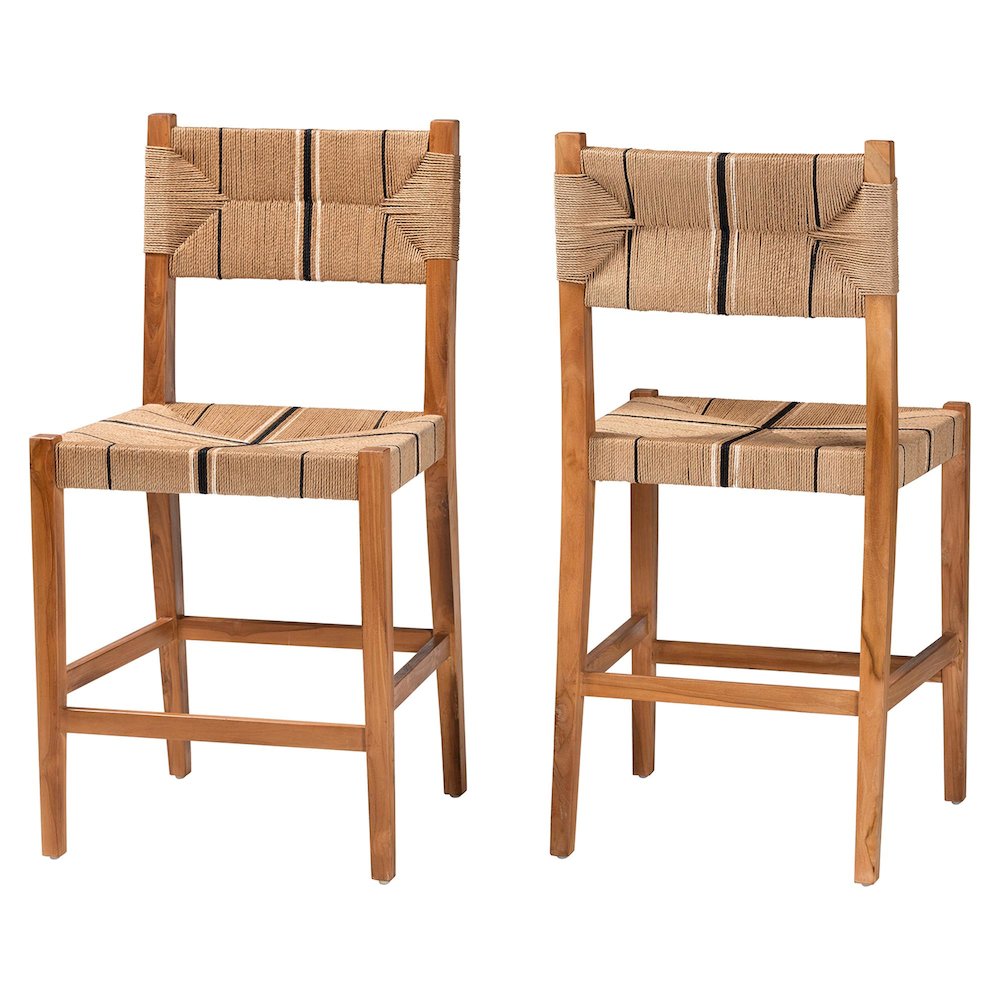 Prita Bohemian Paper Loom and Natural Mahogany Wood 2-Piece Counter Stool Set. Picture 1