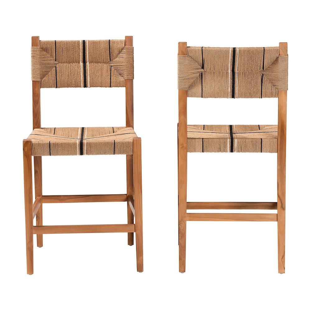 Prita Bohemian Paper Loom and Natural Mahogany Wood 2-Piece Counter Stool Set. Picture 2