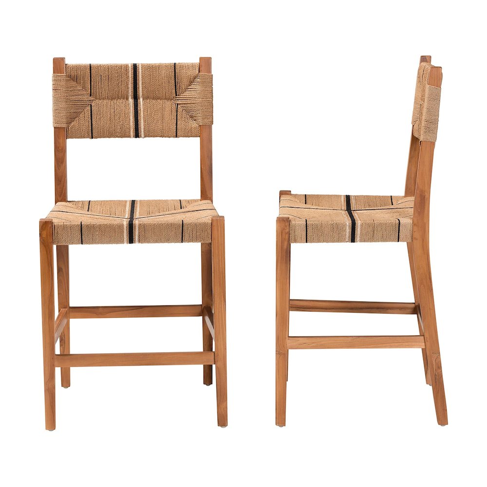 Prita Bohemian Paper Loom and Natural Mahogany Wood 2-Piece Counter Stool Set. Picture 3