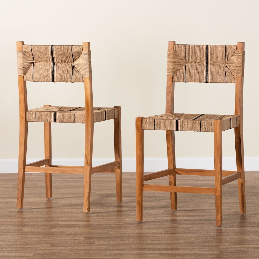 Prita Bohemian Paper Loom and Natural Mahogany Wood 2-Piece Counter Stool Set. Picture 8