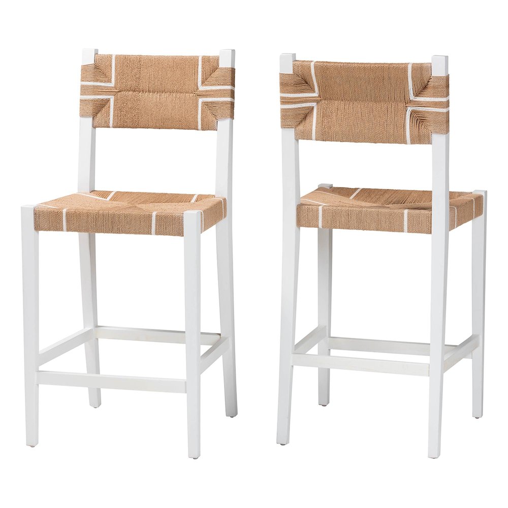 Talli Bohemian Paper Loom and White Mahogany Wood 2-Piece Bar Stool Set. Picture 1
