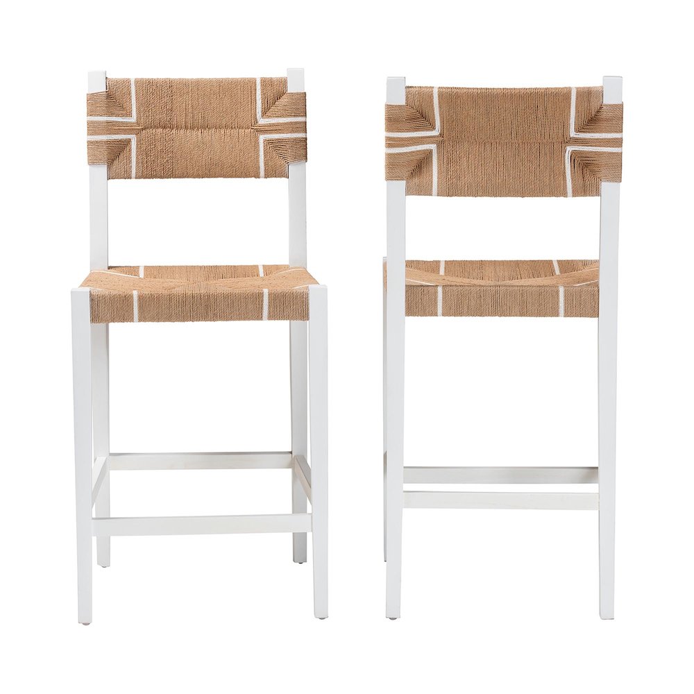 Talli Bohemian Paper Loom and White Mahogany Wood 2-Piece Bar Stool Set. Picture 3