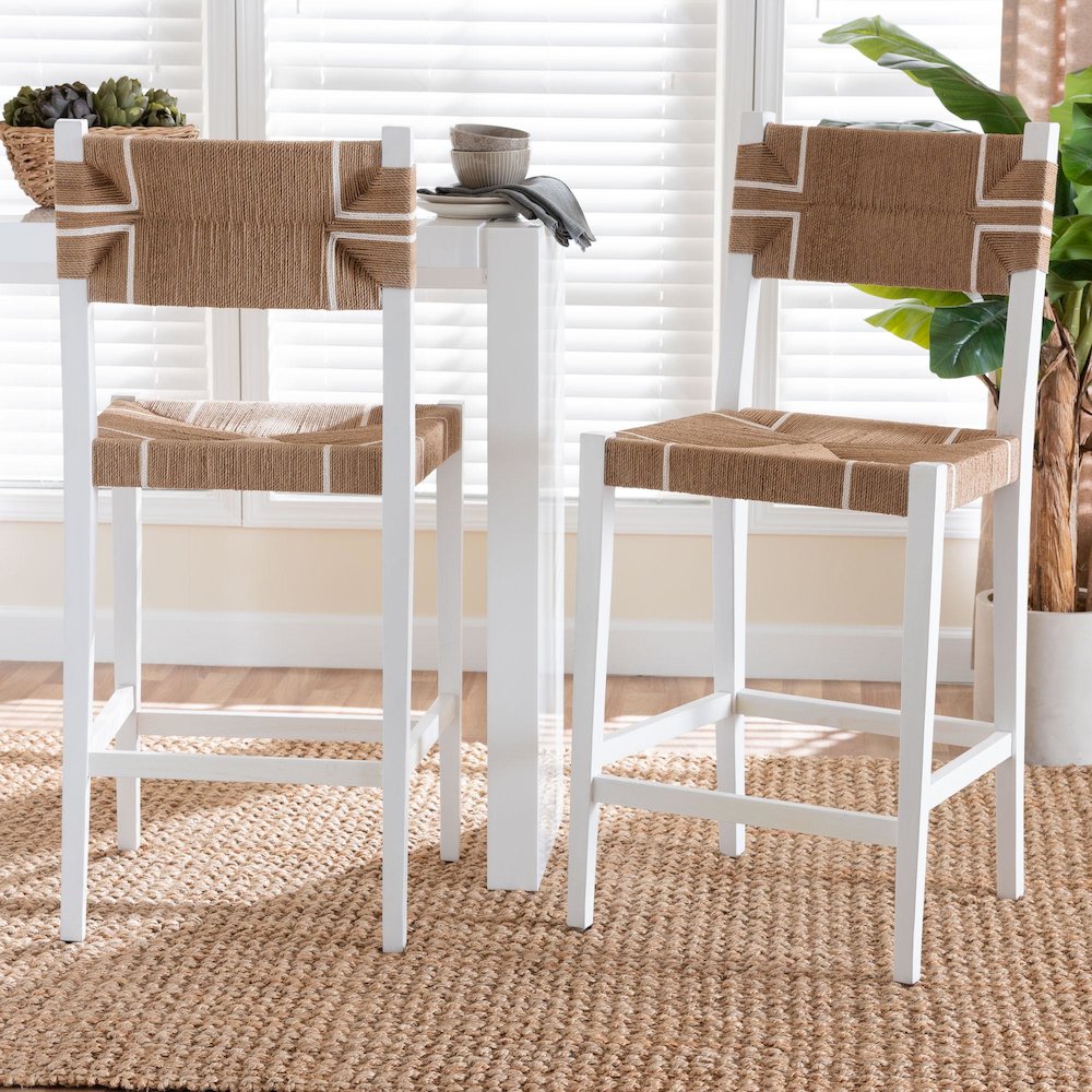 Talli Bohemian Paper Loom and White Mahogany Wood 2-Piece Bar Stool Set. Picture 7