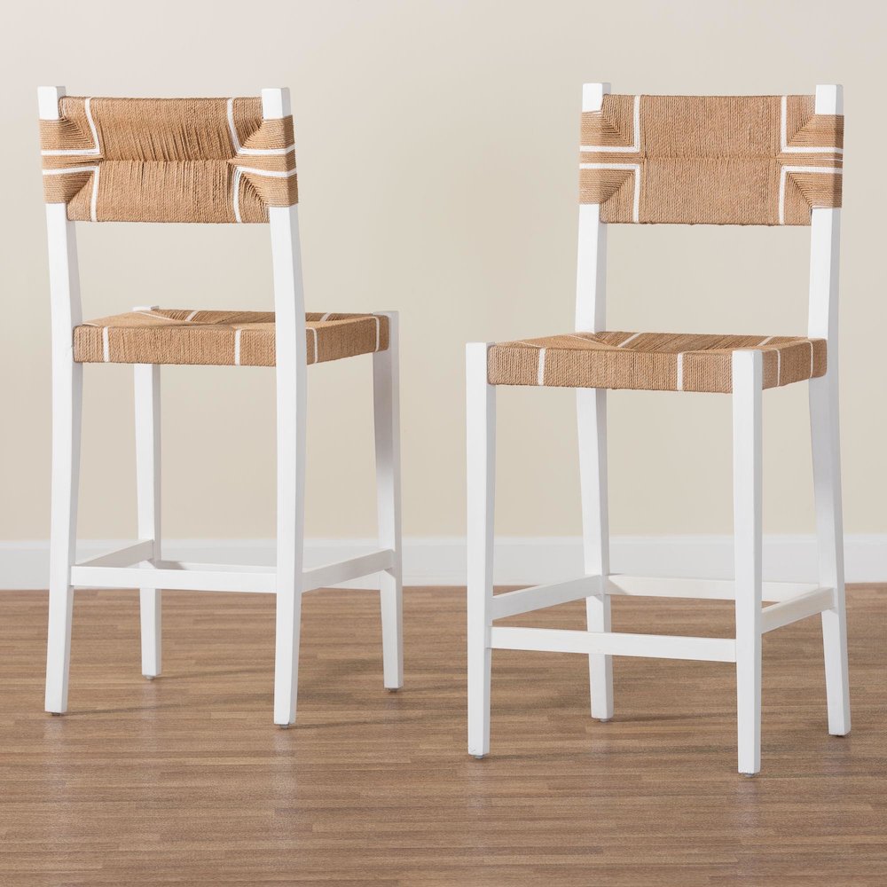 Talli Bohemian Paper Loom and White Mahogany Wood 2-Piece Bar Stool Set. Picture 8