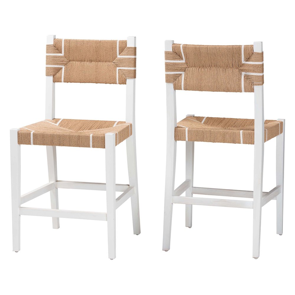 Talli Bohemian Paper Loom and White Mahogany Wood 2-Piece Counter Stool Set. Picture 1