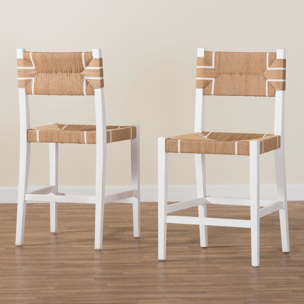 Talli Bohemian Paper Loom and White Mahogany Wood 2-Piece Counter Stool Set. Picture 7