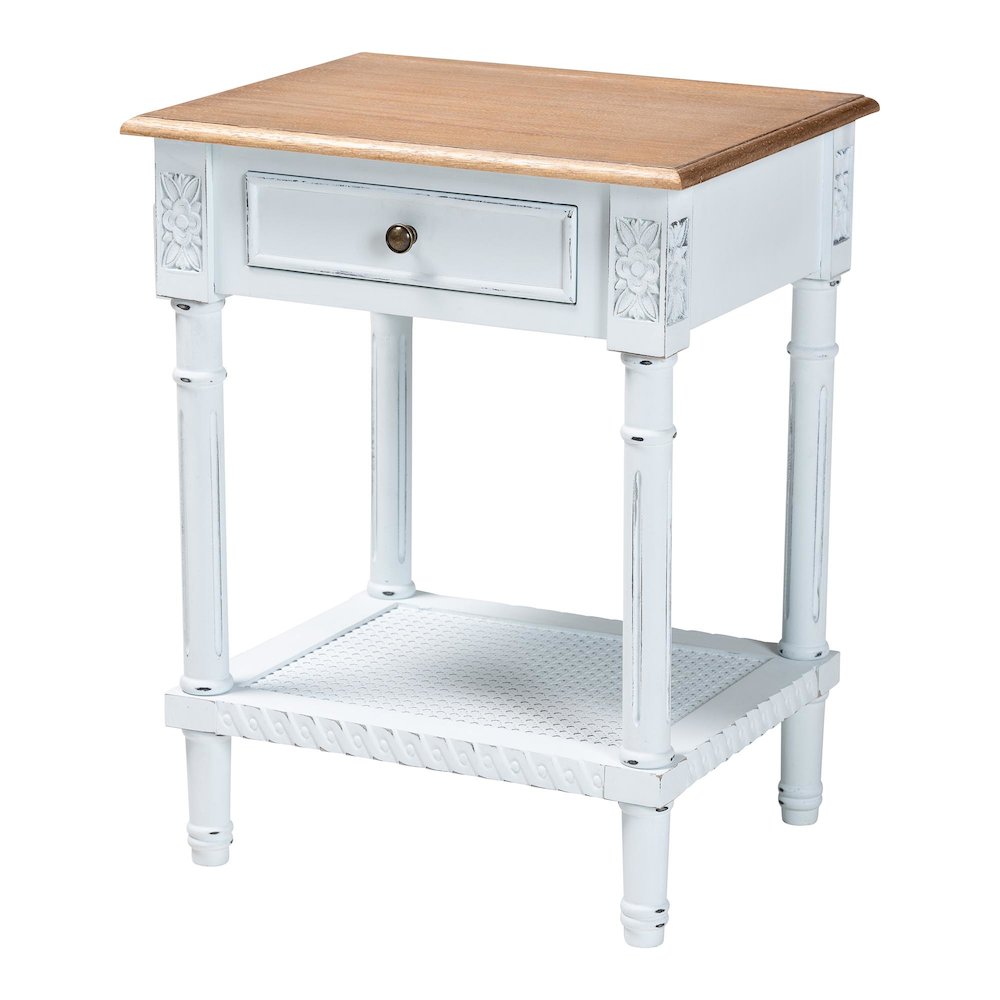 Legrand Classic French Two-Tone White and Natural Brown 1-Drawer End Table. Picture 1