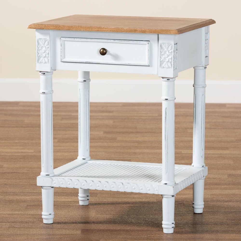 Legrand Classic French Two-Tone White and Natural Brown 1-Drawer End Table. Picture 10
