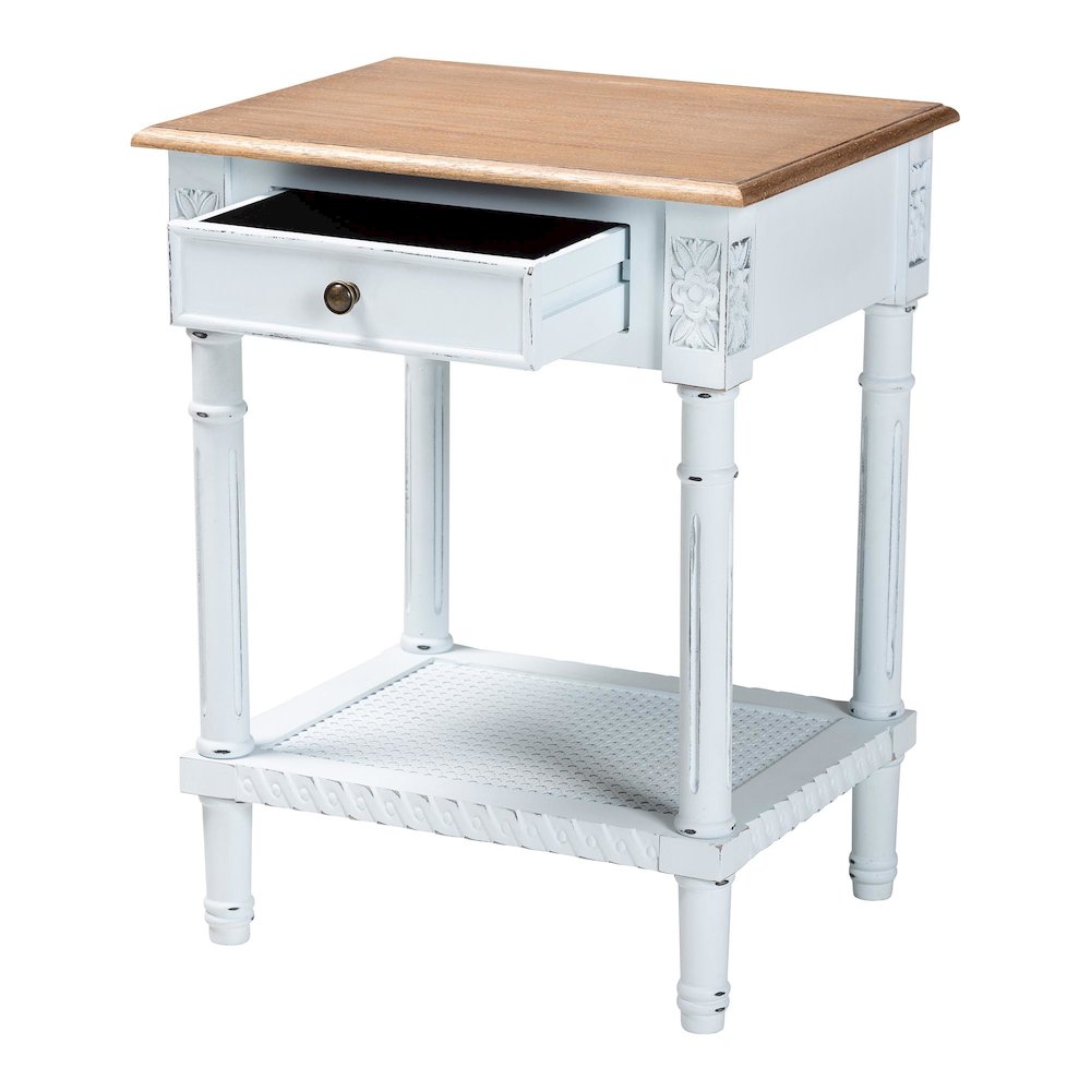 Legrand Classic French Two-Tone White and Natural Brown 1-Drawer End Table. Picture 2