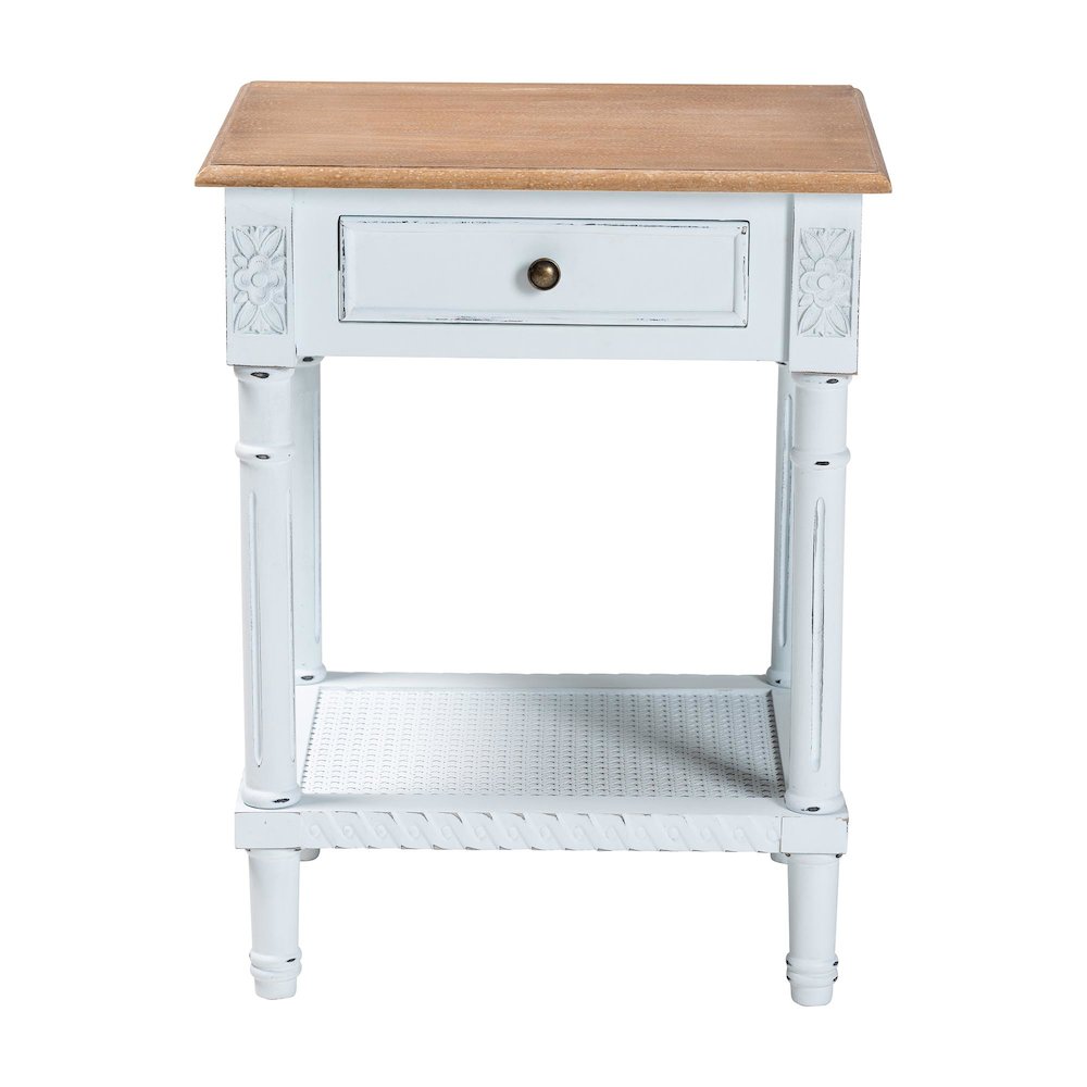 Legrand Classic French Two-Tone White and Natural Brown 1-Drawer End Table. Picture 3