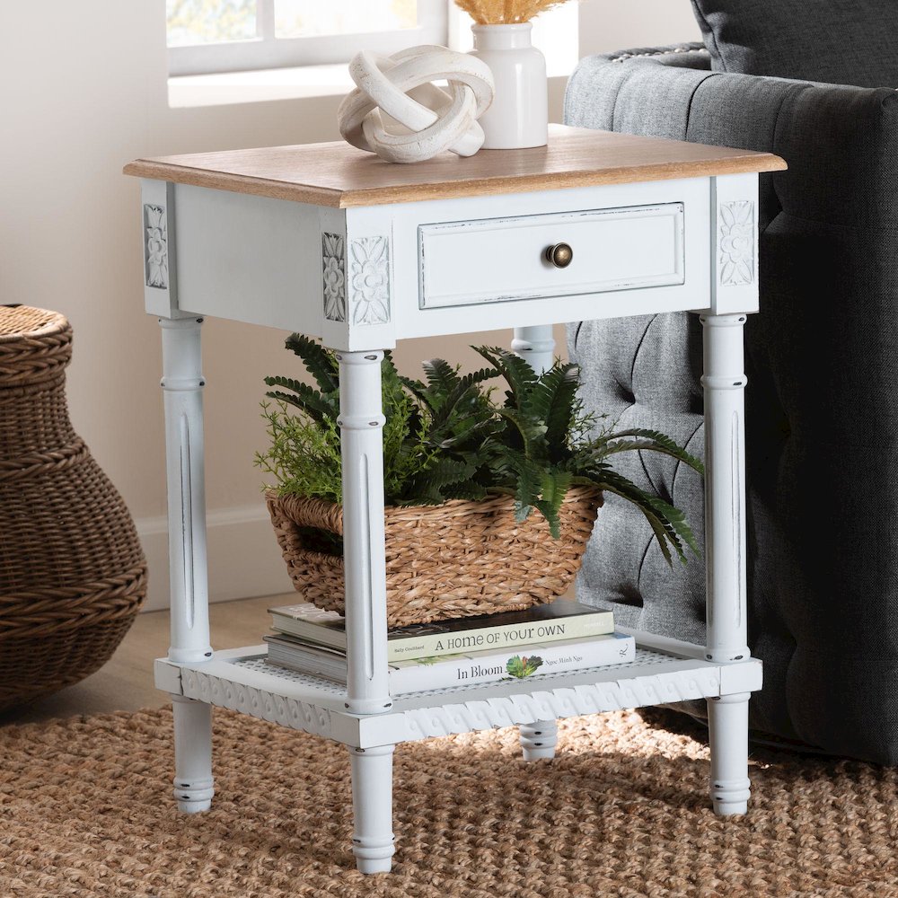 Legrand Classic French Two-Tone White and Natural Brown 1-Drawer End Table. Picture 9
