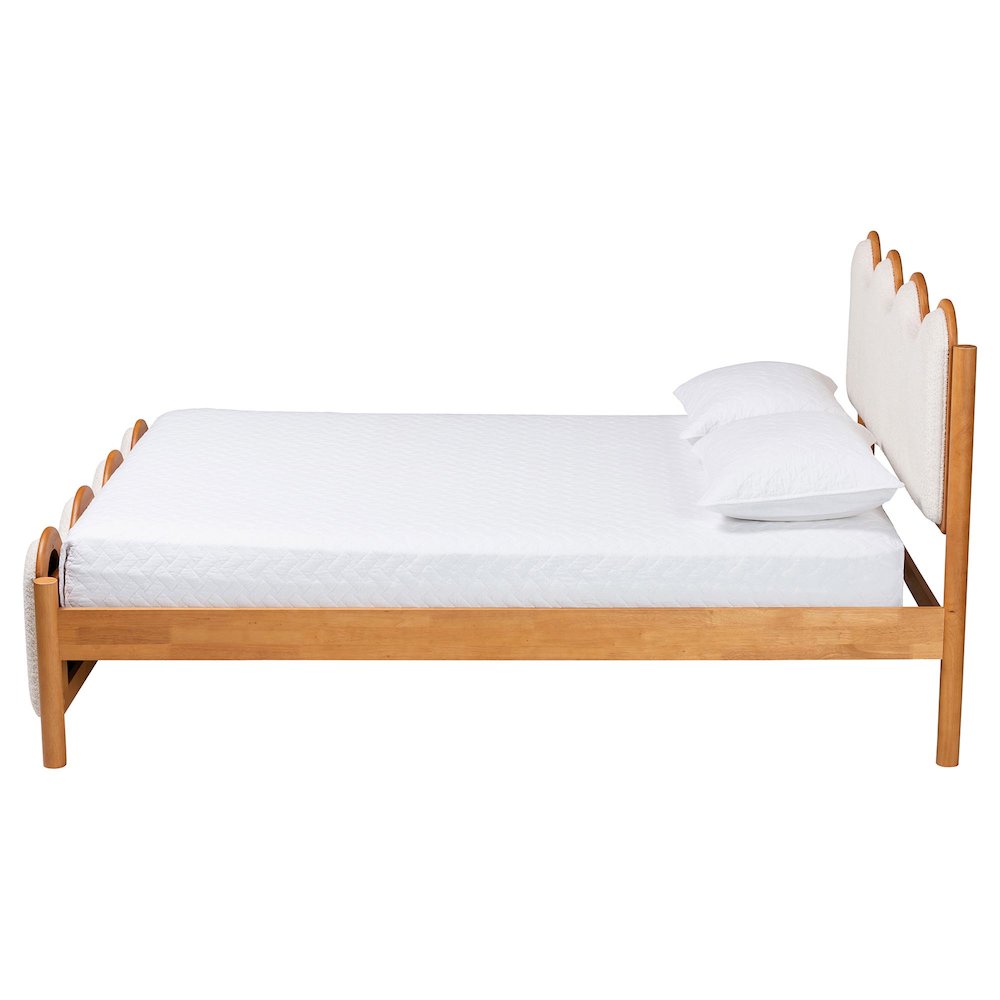 Modern Scalloped Cream Boucle and Oak Brown Wood Queen Platform Bed. Picture 2