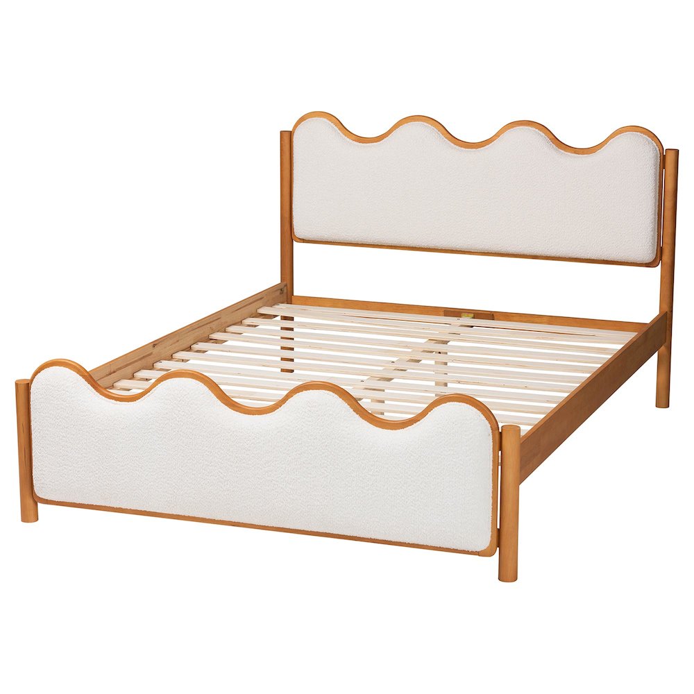 Modern Scalloped Cream Boucle and Oak Brown Wood Queen Platform Bed. Picture 3