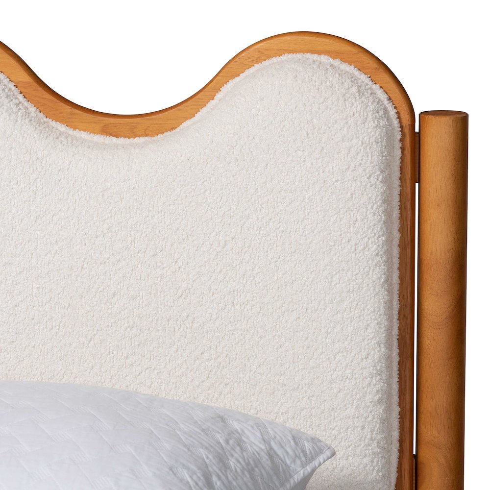 Modern Scalloped Cream Boucle and Oak Brown Wood Queen Platform Bed. Picture 4