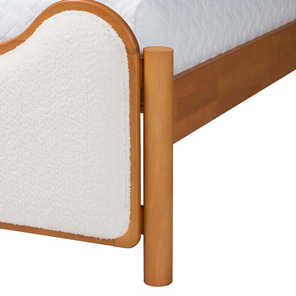 Modern Scalloped Cream Boucle and Oak Brown Wood Queen Platform Bed. Picture 5