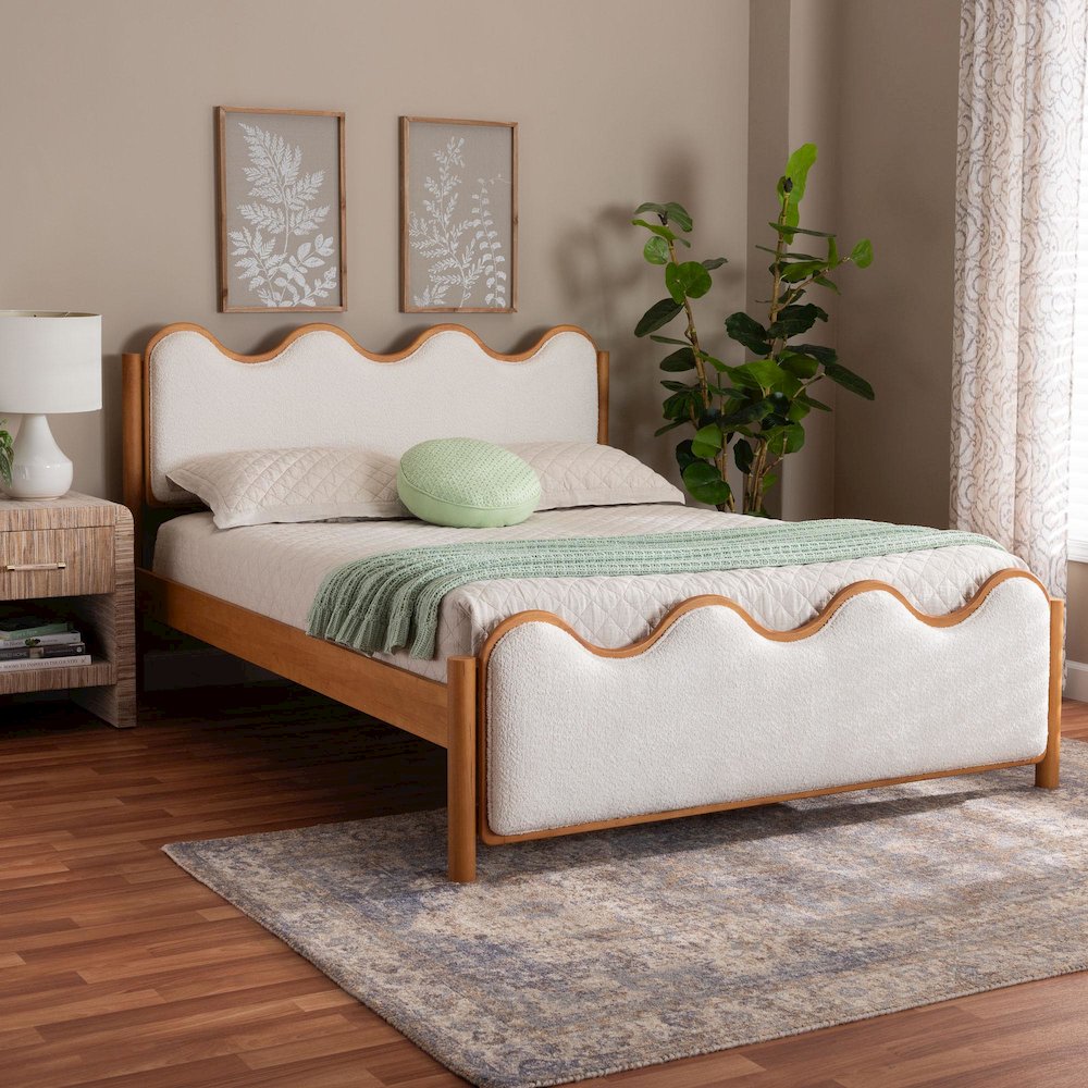 Modern Scalloped Cream Boucle and Oak Brown Wood Queen Platform Bed. Picture 7