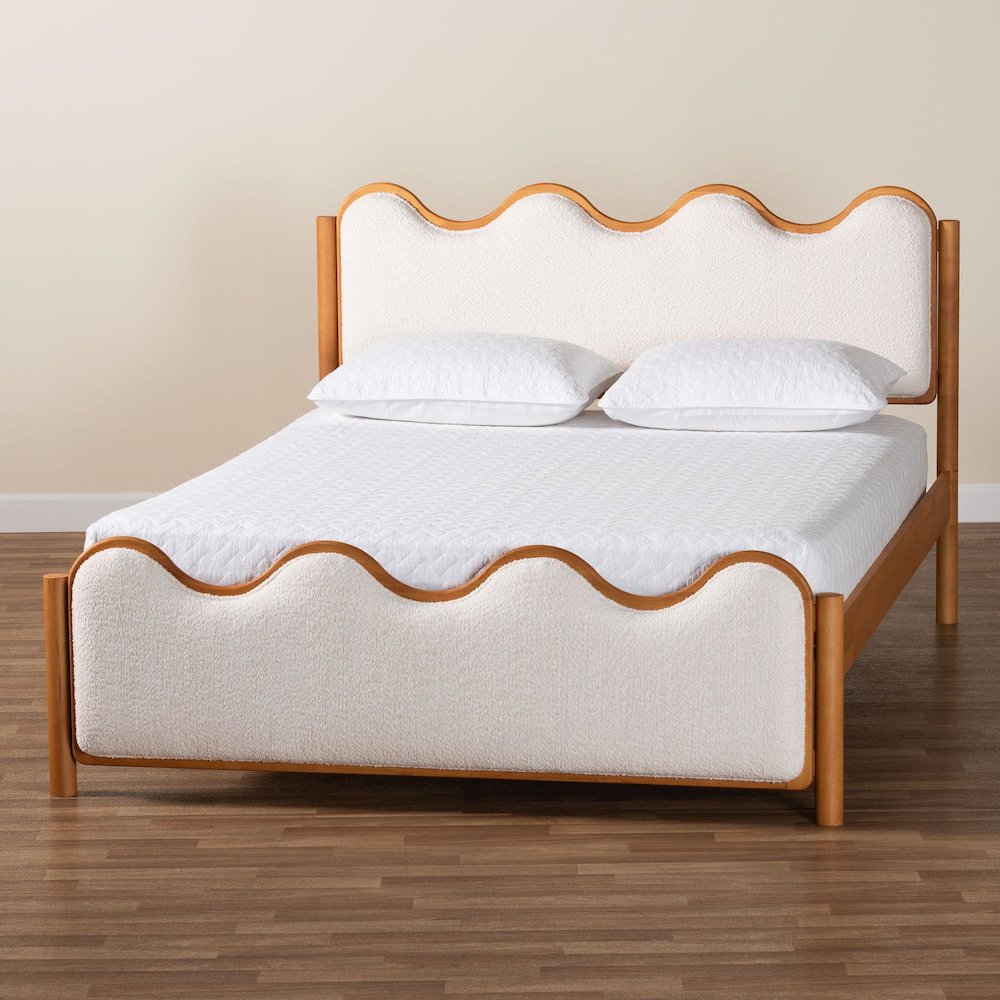 Modern Scalloped Cream Boucle and Oak Brown Wood Queen Platform Bed. Picture 8