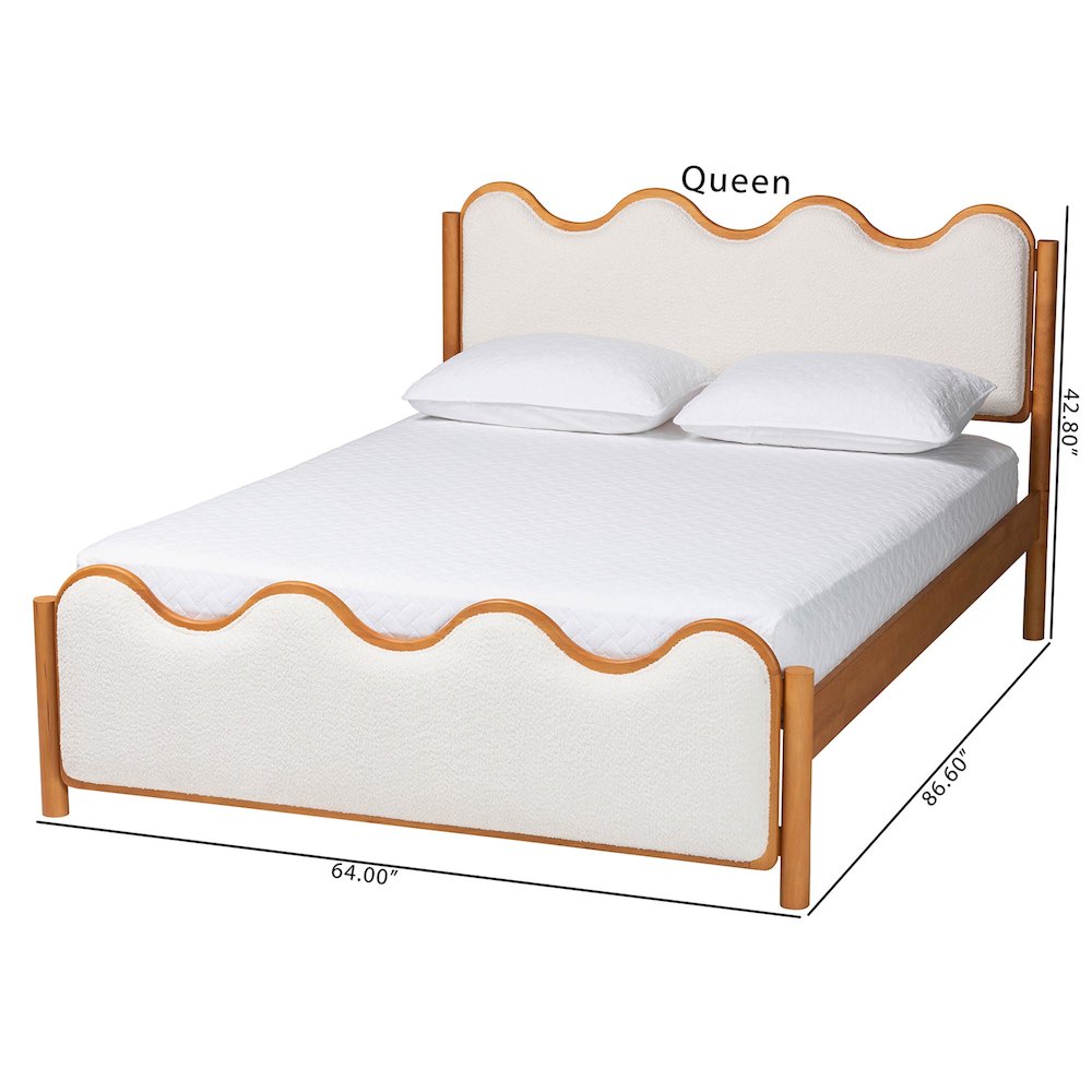 Modern Scalloped Cream Boucle and Oak Brown Wood Queen Platform Bed. Picture 9