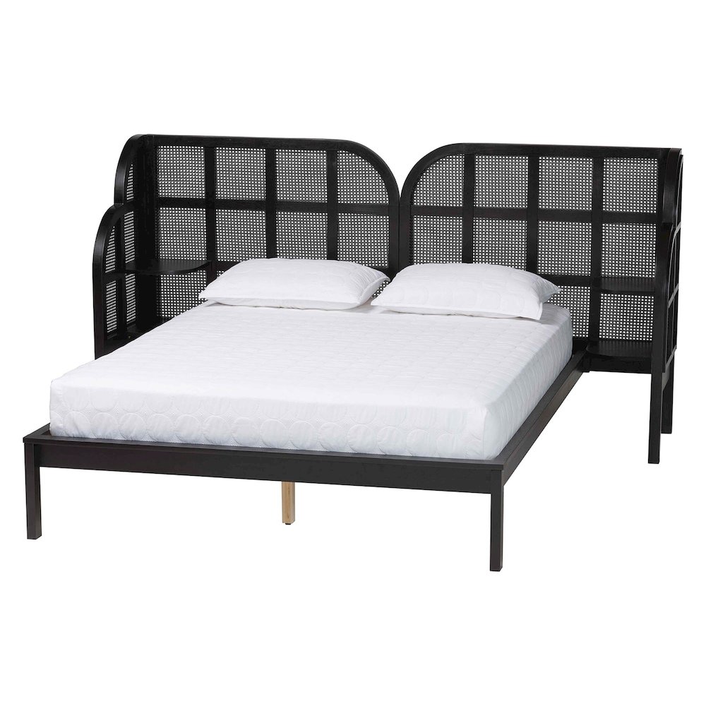 Cascadia Mid-Century Modern Ebony Black Wood Queen Size Wingback Platform Bed. Picture 1