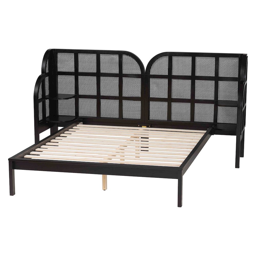 Cascadia Mid-Century Modern Ebony Black Wood Queen Size Wingback Platform Bed. Picture 3