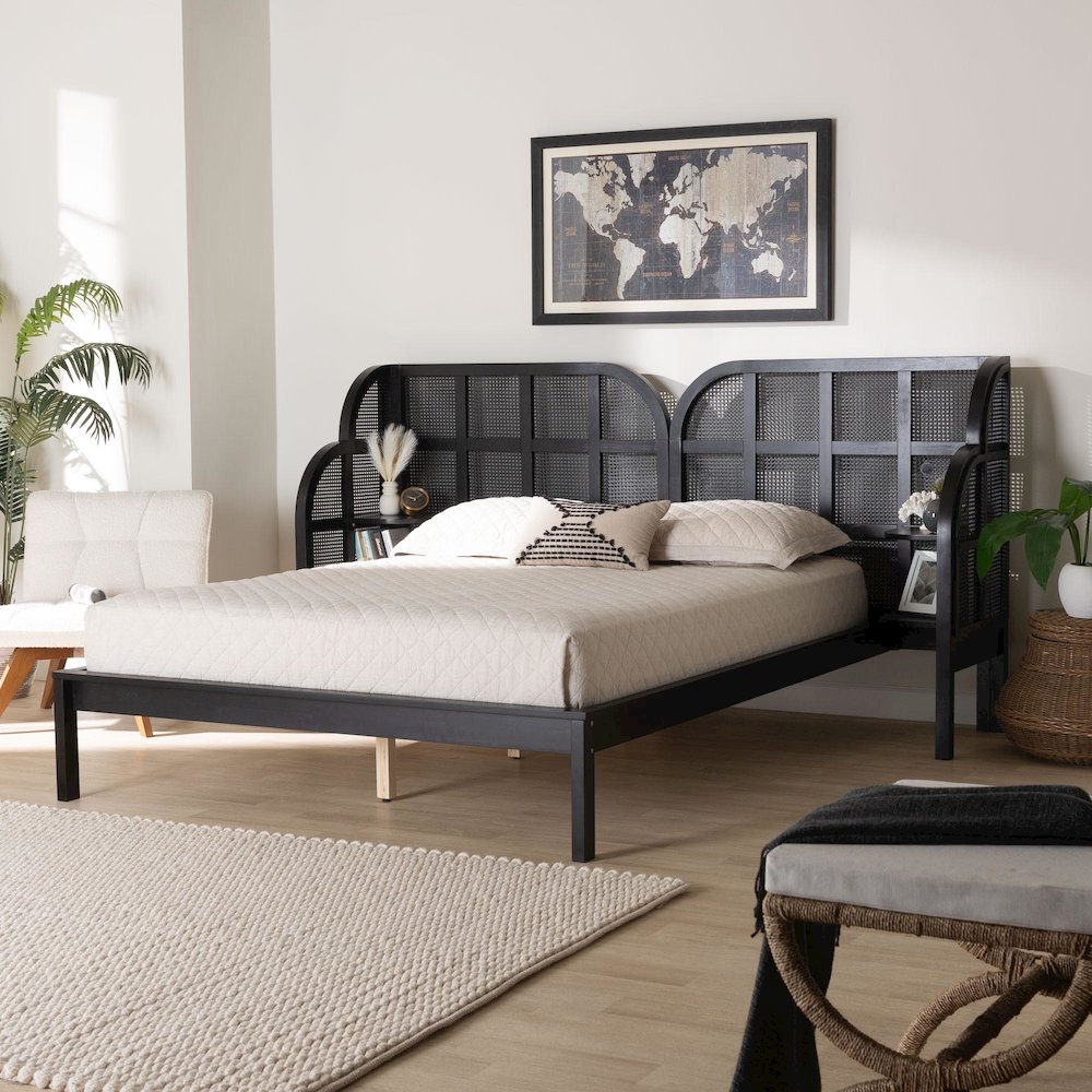 Cascadia Mid-Century Modern Ebony Black Wood Queen Size Wingback Platform Bed. Picture 7