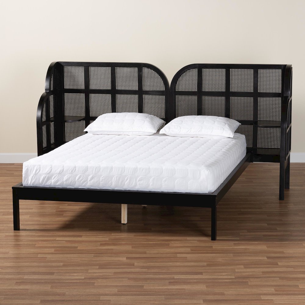 Cascadia Mid-Century Modern Ebony Black Wood Queen Size Wingback Platform Bed. Picture 8