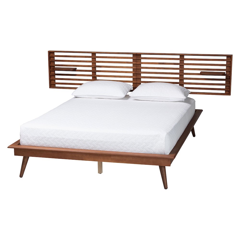 Elvina Mid-Century Transitional Ash Walnut Wood Queen Size Platform Bed. Picture 1