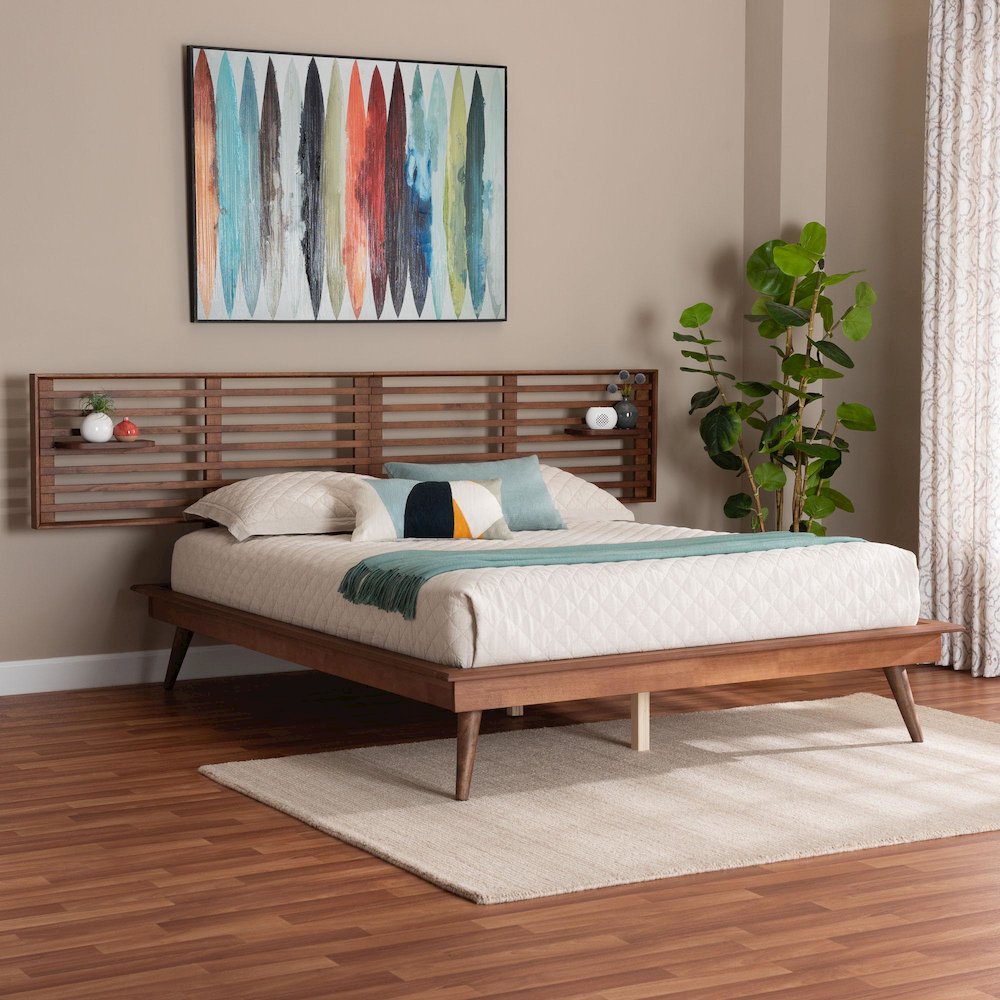 Elvina Mid-Century Transitional Ash Walnut Wood Queen Size Platform Bed. Picture 7