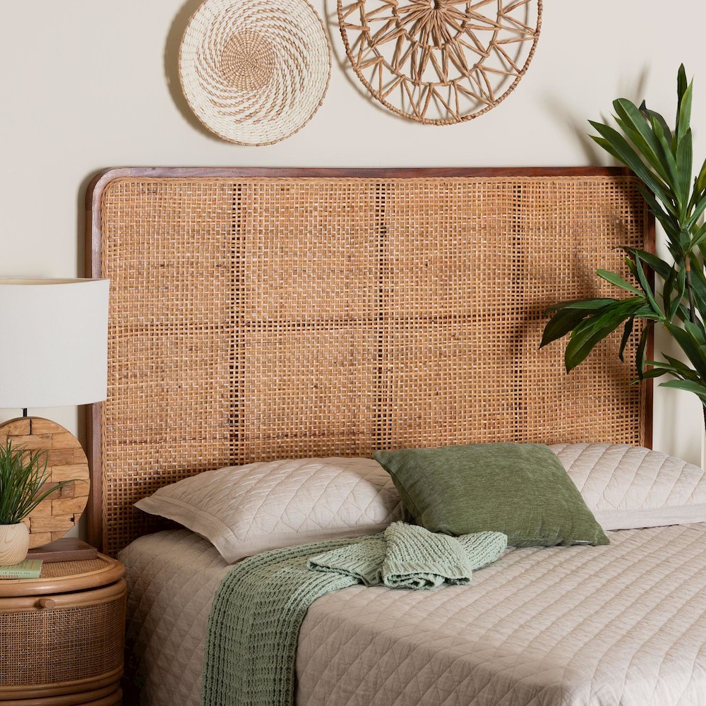 Caspia Bohemian Natural Rattan and Mahogany Wood Queen Size Headboard. Picture 4