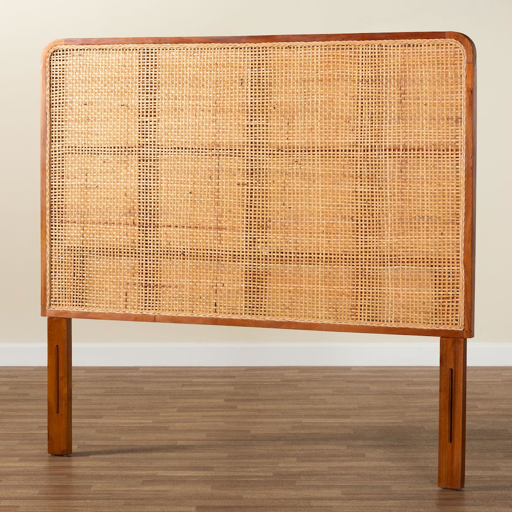 Caspia Bohemian Natural Rattan and Mahogany Wood Queen Size Headboard. Picture 5