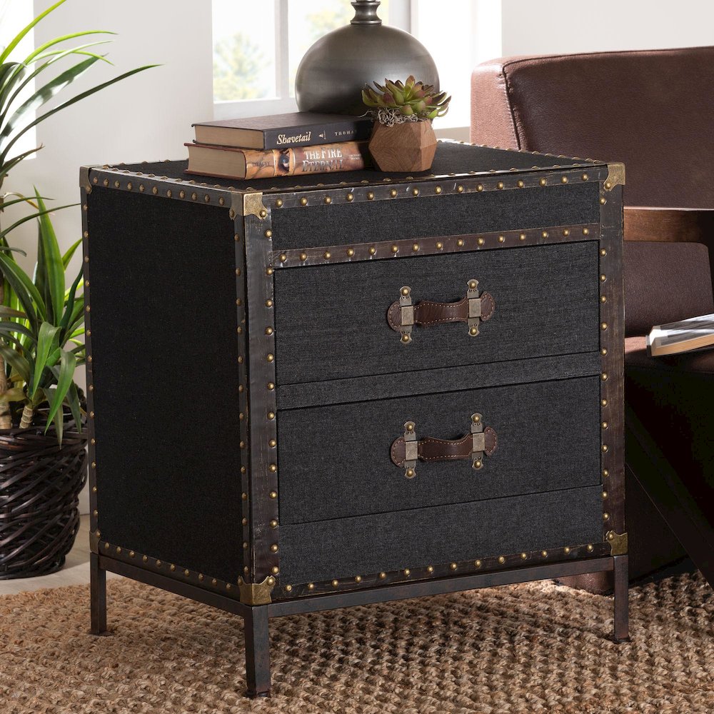 Laura Vintage Black Canvas 2-Drawer End Table Trunk. Picture 9