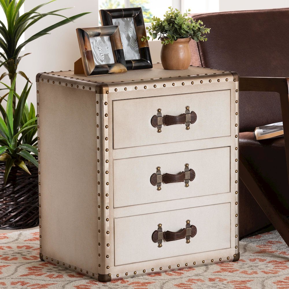 Mallison Vintage White Canvas 3-Drawer End Table. Picture 9