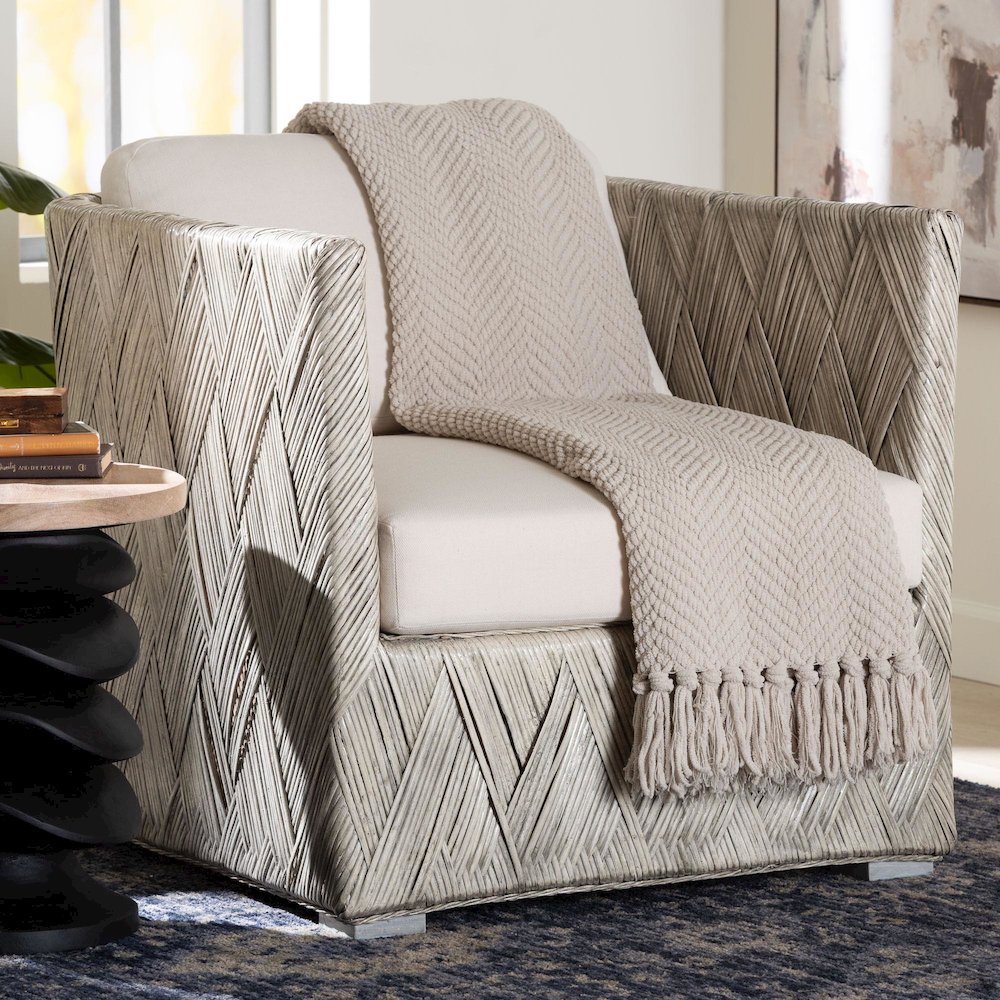 Natural Rattan Lounge Chair - Handwoven Wicker Armchair with Tuxedo Frame. Picture 2
