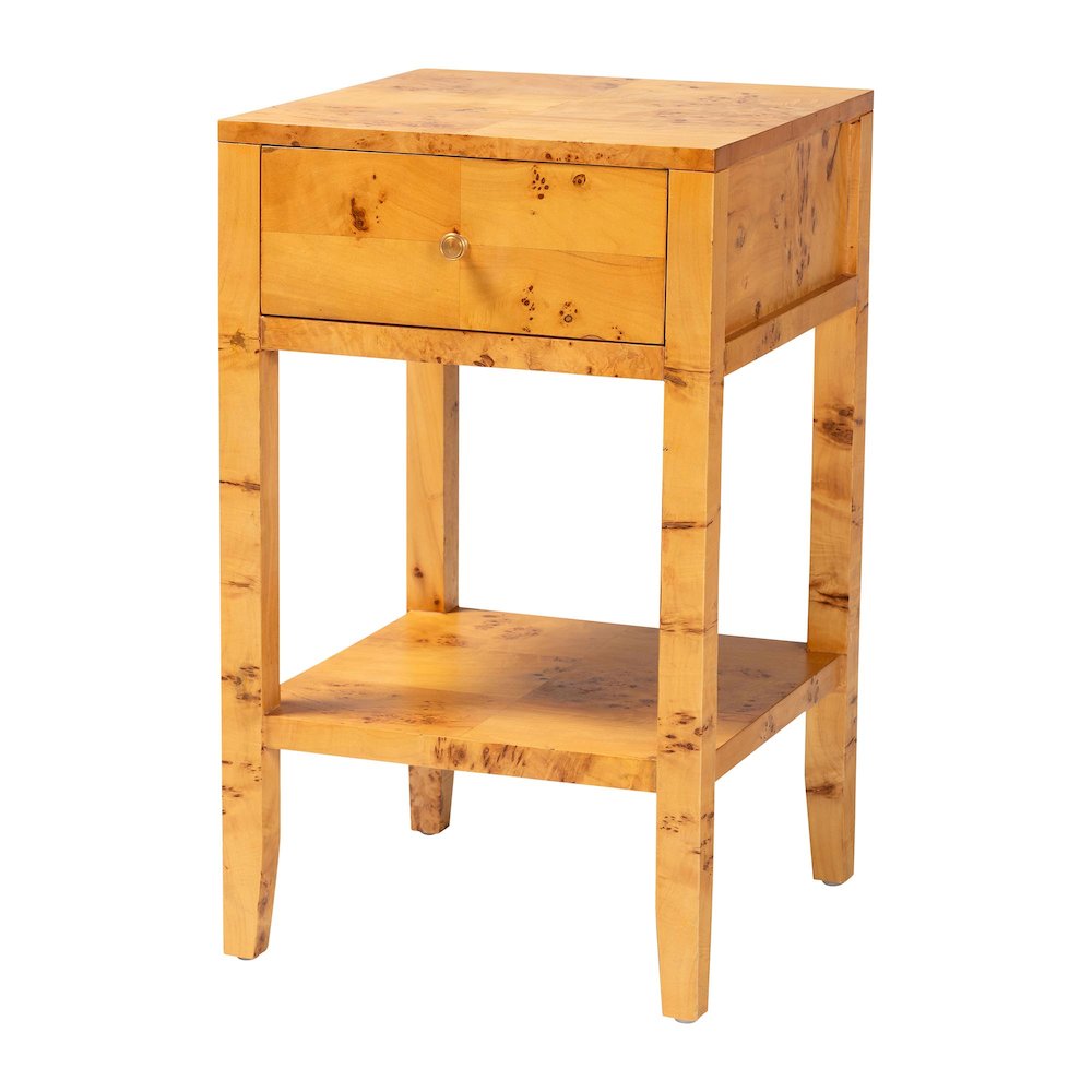 Modern and Contemporary Natural Light Mappa Real Burl Wood 1-Drawer Nightstand. Picture 1