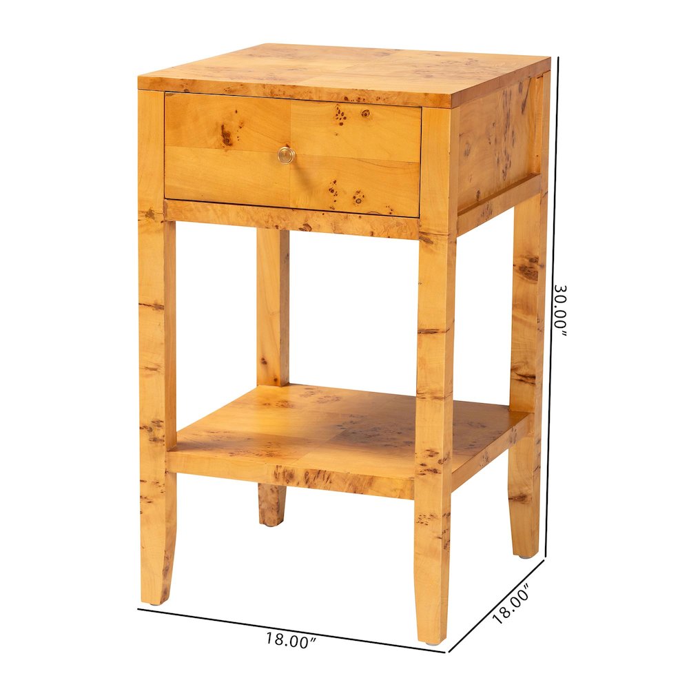 Modern and Contemporary Natural Light Mappa Real Burl Wood 1-Drawer Nightstand. Picture 10