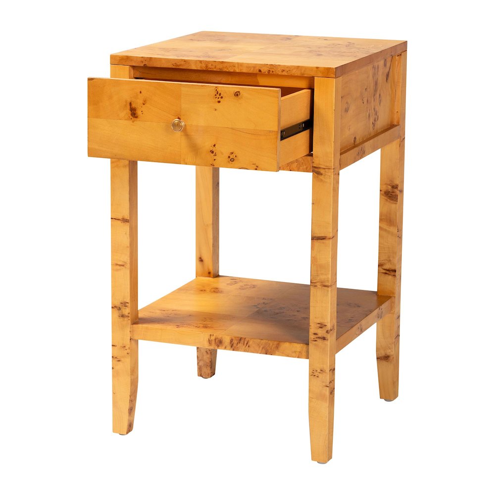 Modern and Contemporary Natural Light Mappa Real Burl Wood 1-Drawer Nightstand. Picture 2