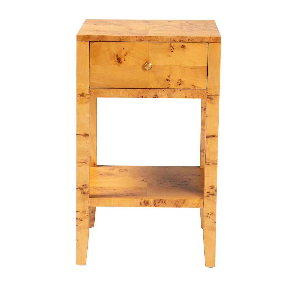 Modern and Contemporary Natural Light Mappa Real Burl Wood 1-Drawer Nightstand. Picture 3