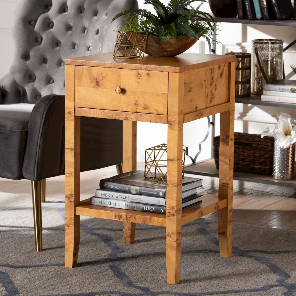 Modern and Contemporary Natural Light Mappa Real Burl Wood 1-Drawer Nightstand. Picture 8