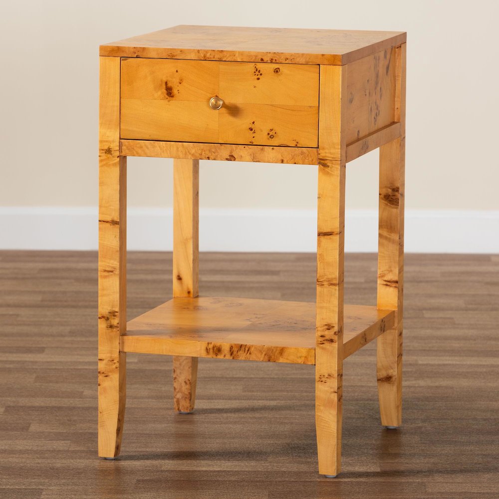 Modern and Contemporary Natural Light Mappa Real Burl Wood 1-Drawer Nightstand. Picture 9