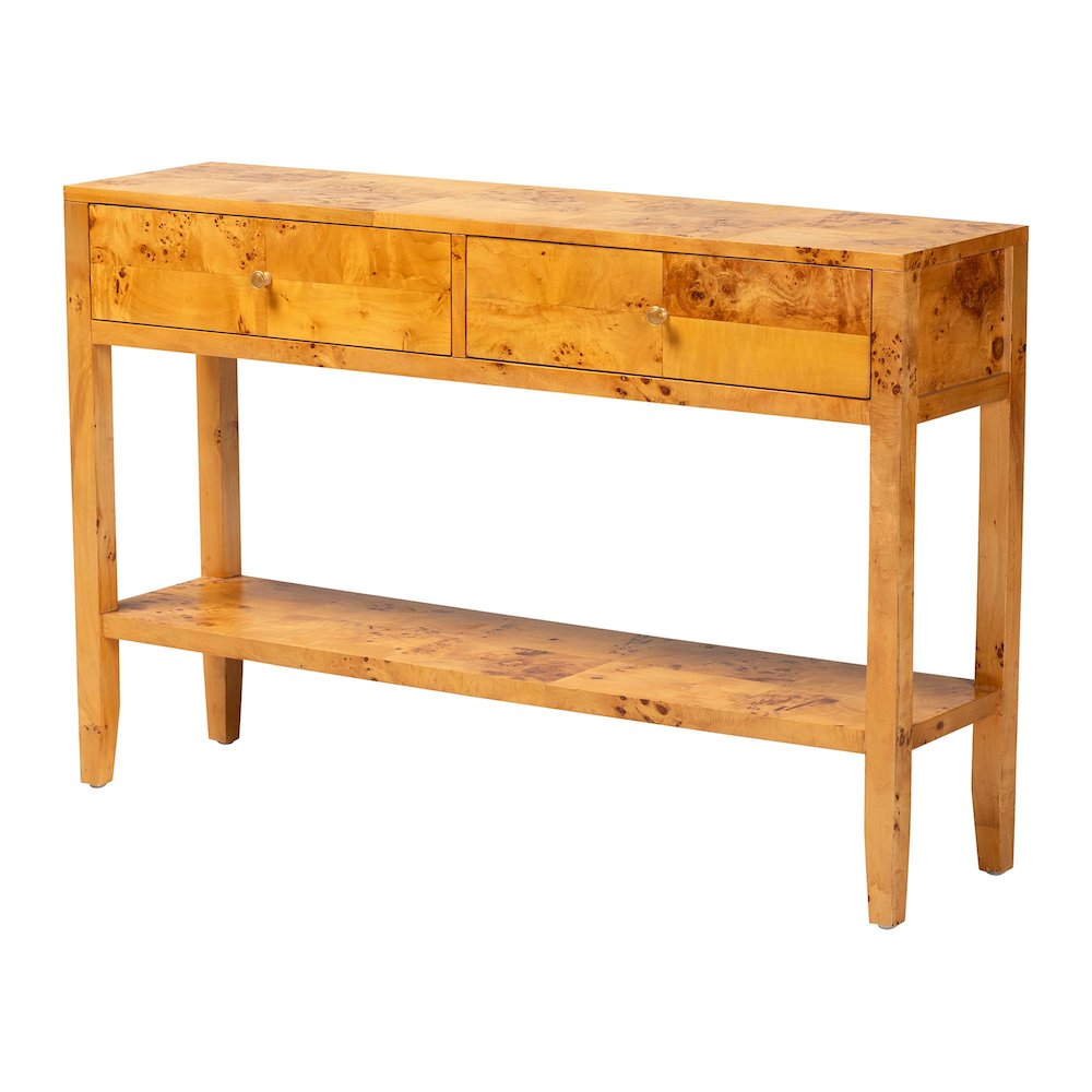 Contemporary Natural Light Mappa Real Burl Wood 2-Drawer Console Table. Picture 1