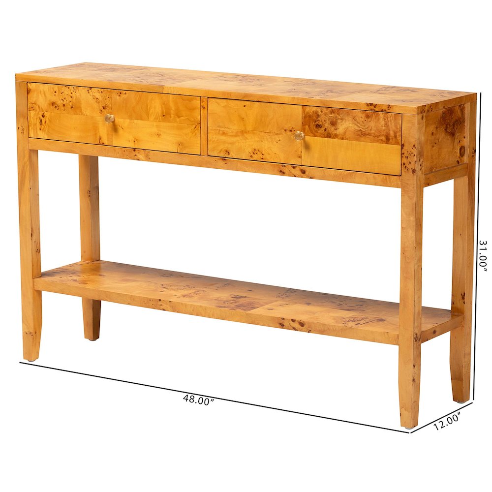 Contemporary Natural Light Mappa Real Burl Wood 2-Drawer Console Table. Picture 10
