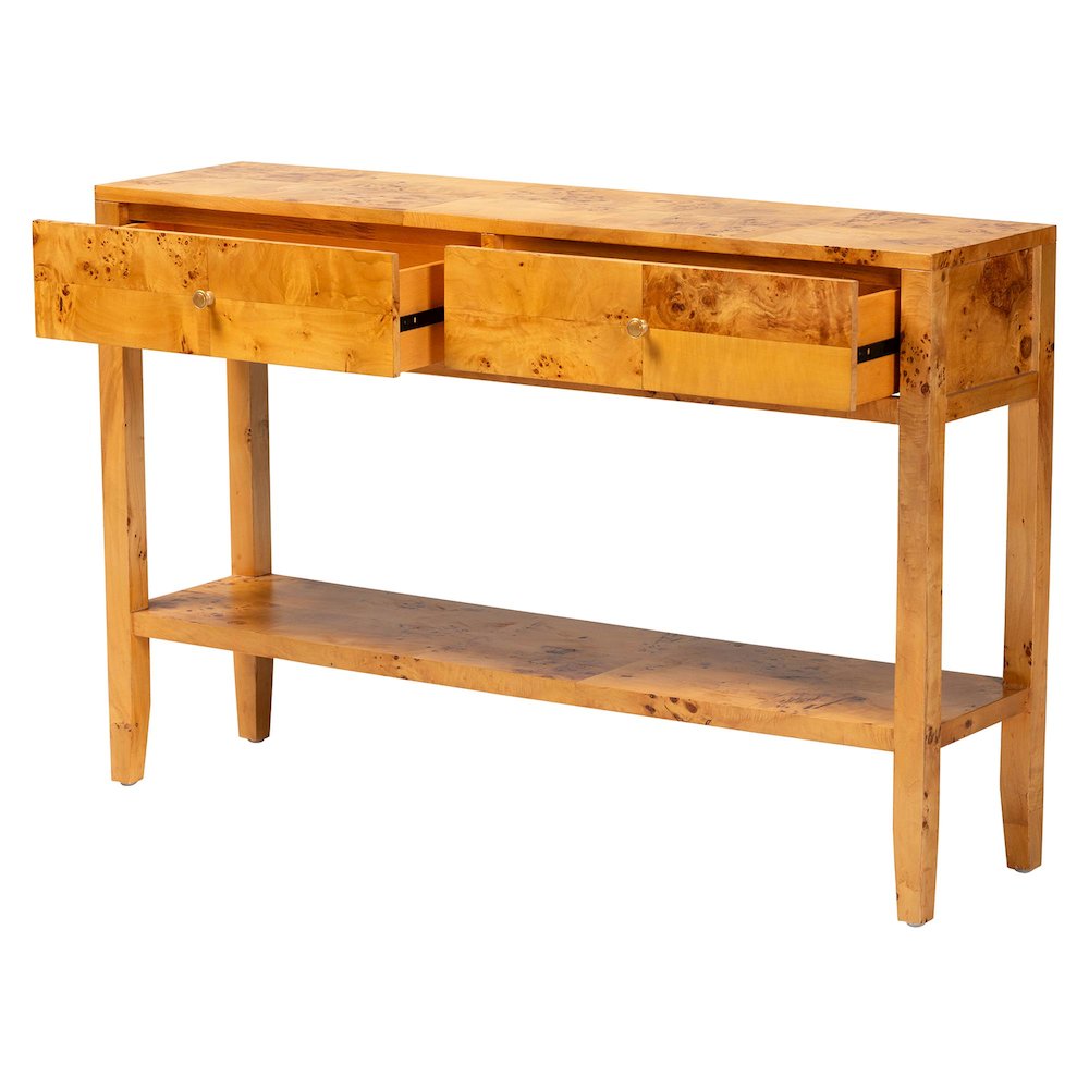 Contemporary Natural Light Mappa Real Burl Wood 2-Drawer Console Table. Picture 2