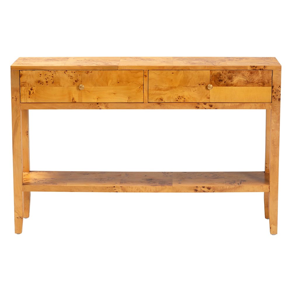 Contemporary Natural Light Mappa Real Burl Wood 2-Drawer Console Table. Picture 3
