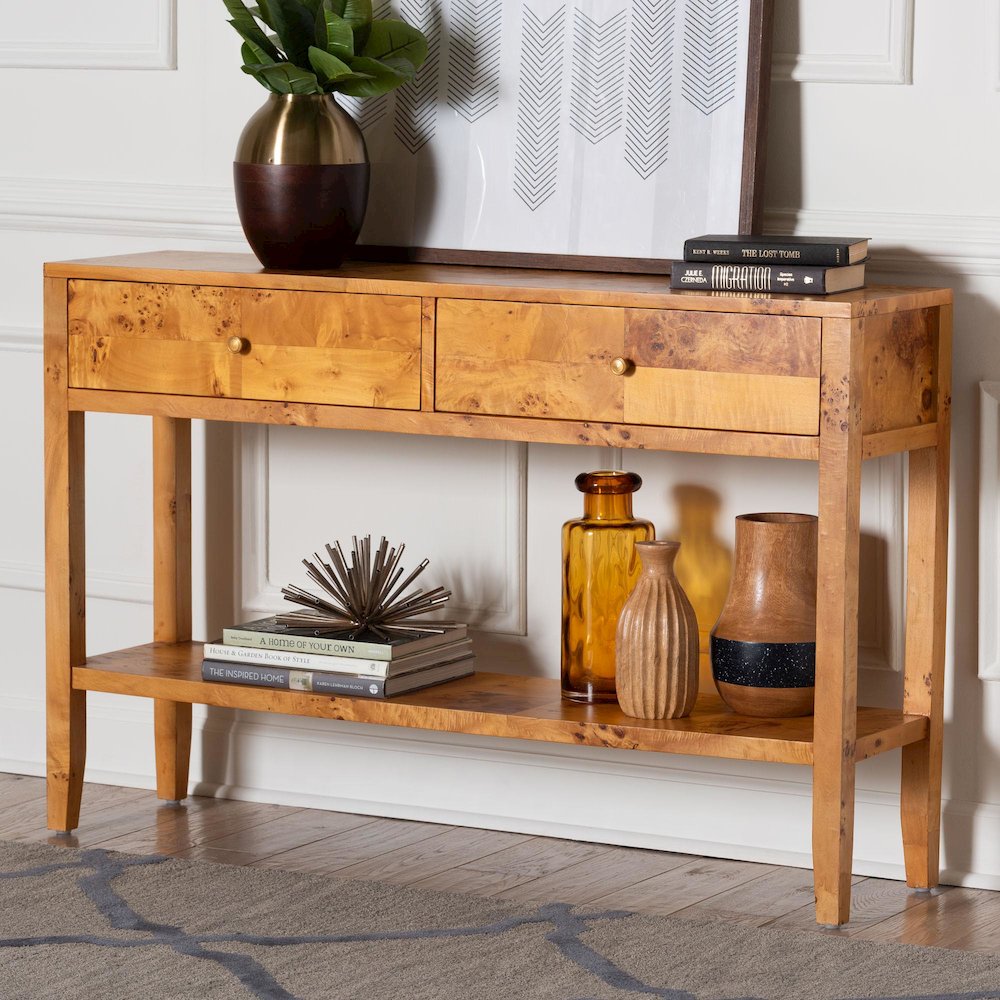 Contemporary Natural Light Mappa Real Burl Wood 2-Drawer Console Table. Picture 8