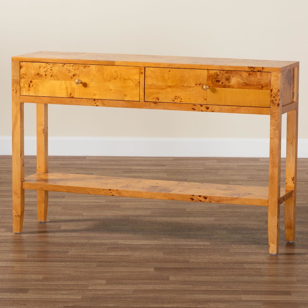 Contemporary Natural Light Mappa Real Burl Wood 2-Drawer Console Table. Picture 9